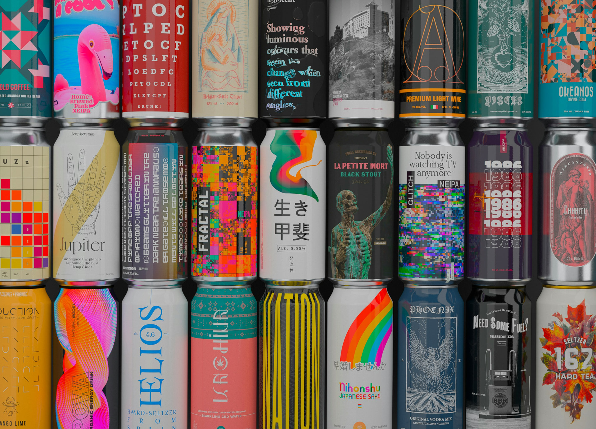 Grid of aluminium drink cans with colourful printed label designs on a dark background