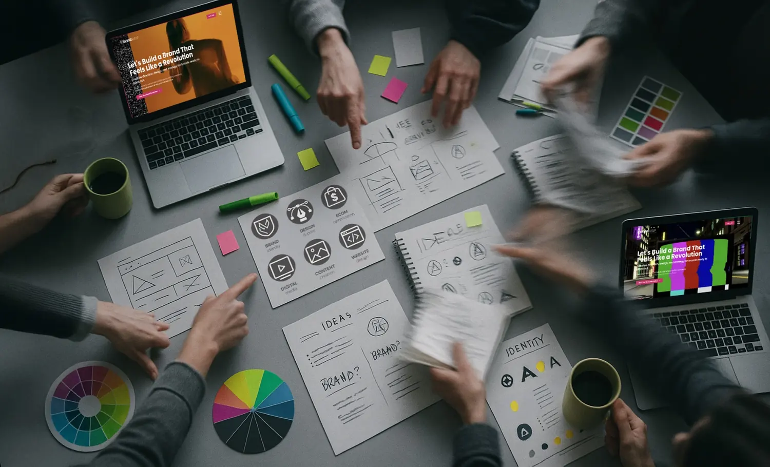 Creative workspace with brand strategy materials